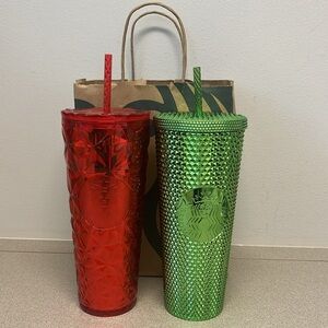 Starbucks Holiday 24oz. Cold Tumblers Green Metallic & Venti Prism Poinsettia